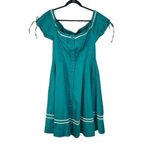 Boulevard nights teal off shoulder button down vintage inspired swing dress XL